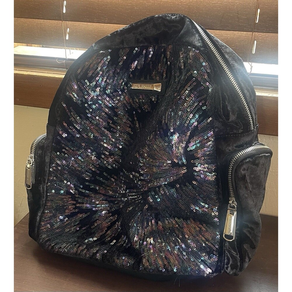 STEVE MADDEN Bfallon sequin velvet faux-leather women's school backpack in Black